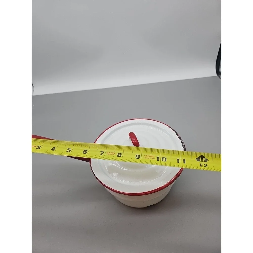 Collectible Vintage Enamelware Saucepan Pot White with Red‎ Trim Handle Lid